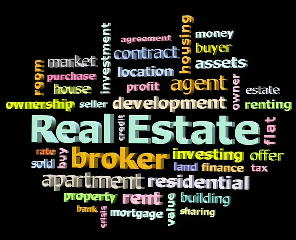 Real estate 3d texts color word cloud on black background — Stock Photo, Image