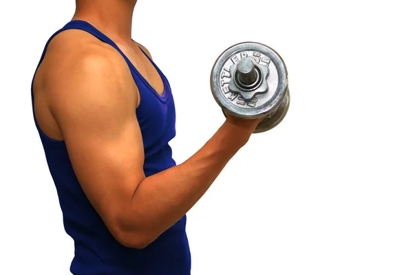 파란색 싱릿을 근육질의 남자가 오른손으로 두더지 근육을 훈련시키기 덤벨을 — 스톡 사진