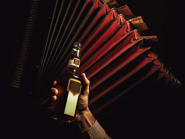 Accordion With Serbian Money and Bottle of Drink. — Stock Photo, Image