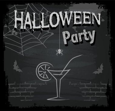 Cadılar Bayramı partisi için poster. Ağ ve kokteyl ile arka plan. Gece kulübünde çılgın bir parti. Çizgi film çizimi. Tahtaya ya da graffitiye tebeşir çizimi. Siyah tuğla duvar.