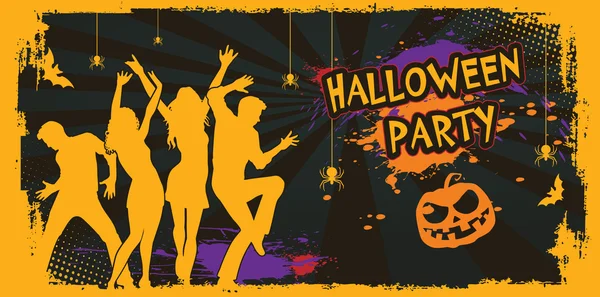 Poster or flyer for Halloween party. Silhouette of dancing people in a nightclub. Cartoon Ghost, shadow, pumpkin and spider. Background with web, apparition, spook, horror. Scary fairy. Vector. — Stock Vector