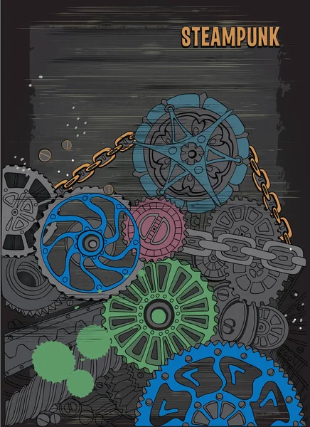 Steampunk. Engranajes coloridos sobre un fondo negro . — Archivo Imágenes Vectoriales
