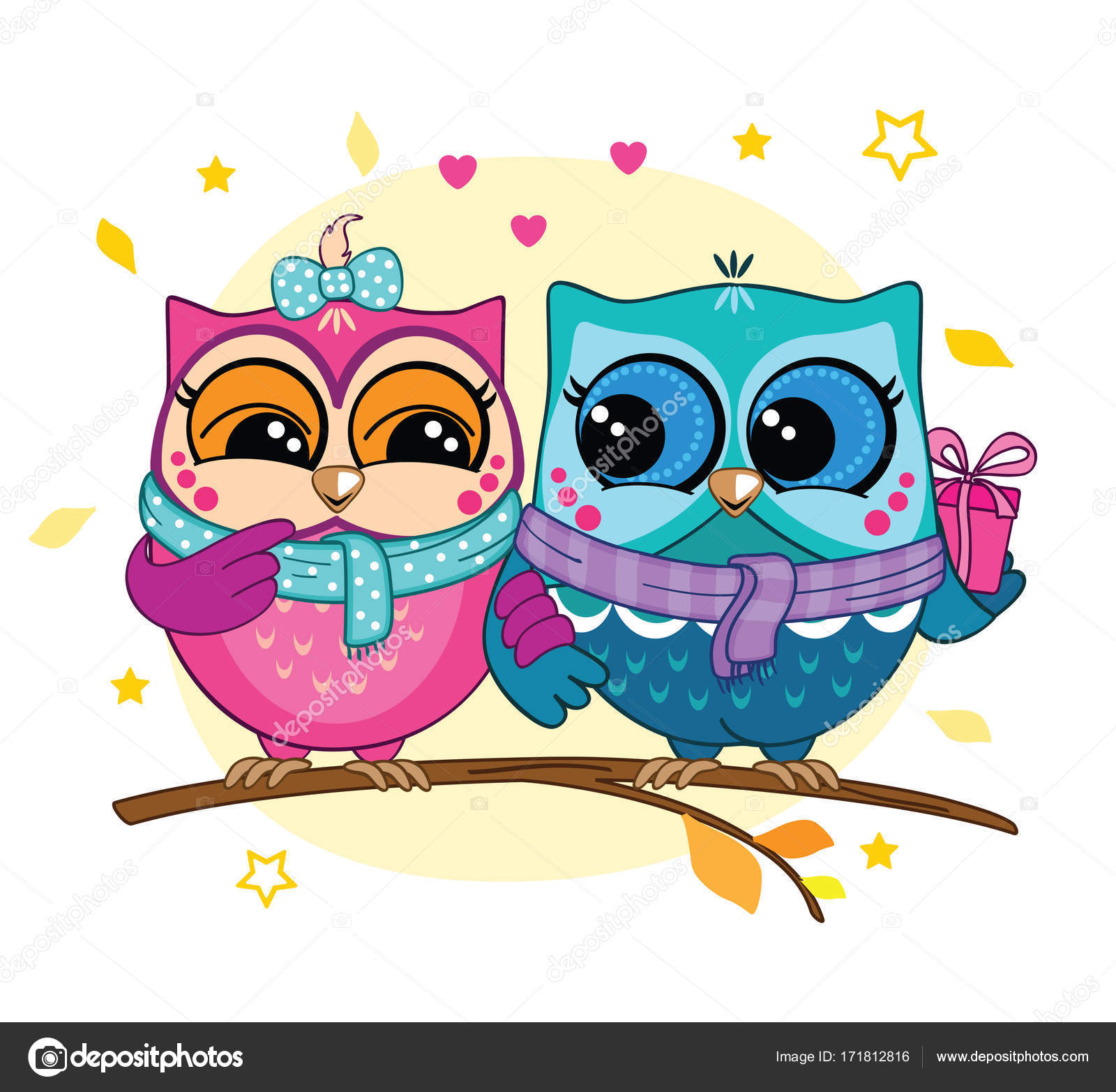 A couple of owls on a branch in the forest. Pink and blue owl with a gift  box. Romance. Stock Vector Image by ©penochka1 #171812816