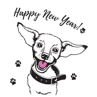 Vektör çizim gülümseyen bir köpek. Yeni Yılınız Kutlu Olsun.