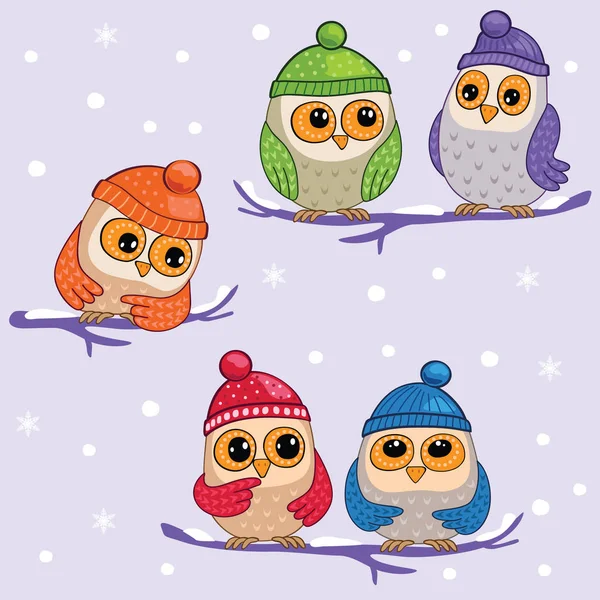 Set Cute Owls Forest Birds Hats Seamless Illustration — Stock Vector