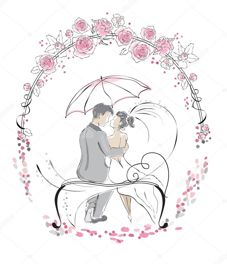 The bride and groom are sitting on the bench under an umbrella. Wedding arch with roses. Romance.