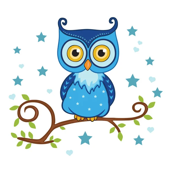 Blue Owl Sitting Tree Vector Illustration — Stock Vector