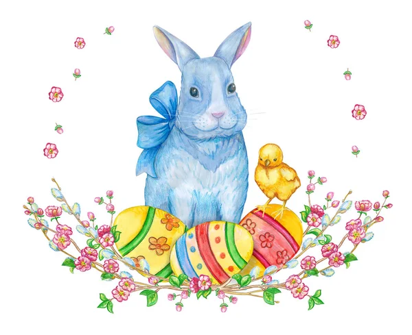 Easter Bunny Cute Chick Easter Eggs Spring Flowers Watercolor Illustration — Stock Photo, Image