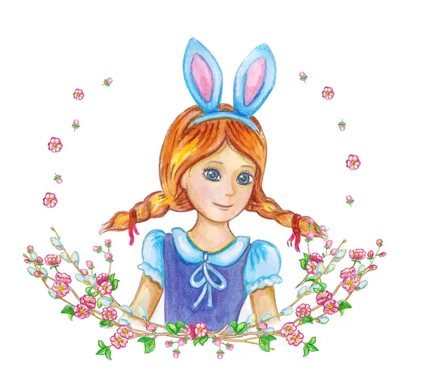 穿着复活节兔子服装的滑稽卡通女郎 春花框架 白色背景上的水彩画 — 图库照片