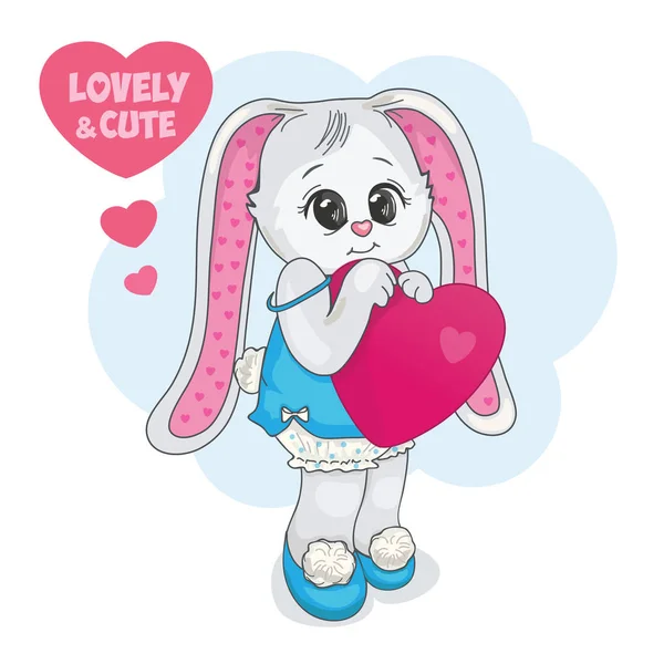 可愛くて可愛いテディ バニーバレンタインデーのポストカード 子供漫画のイラスト ハートの白い小さなウサギ キャラクターとヴィンテージ画像 面白い動物と隔離された画像 ベクトル — ストックベクタ