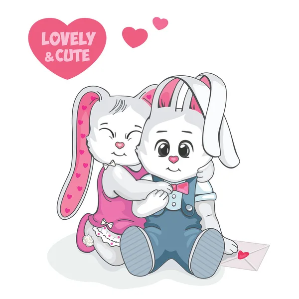 Loving Couple Lovely Cute Teddy Bunny Valentine Day Postcard Children — Stock Vector