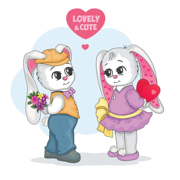 Loving Couple Lovely Cute Teddy Bunny Valentine Day Postcard Children — Stock Vector