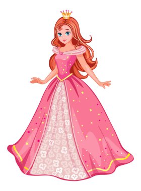 A girl in the pink ball gown. Beautiful fairytale princess on white background. Children's illustration suitable for print and sticker. Isolated illustration. Romantic story. Wonderland. Vector. 
