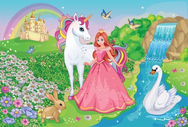 Beautiful Princess with white unicorn and Swan. Fairytale background with flower meadow, castle, rainbow, waterfall and lake. Wonderland. Vector cartoon illustration. Children's theme.