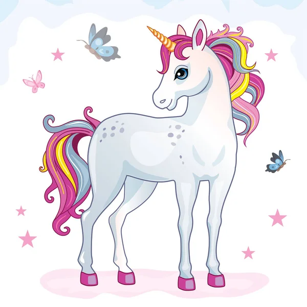 Cartoon Beautiful Unicorn Rainbow Mane White Background Children Illustration Suitable — Stock Vector