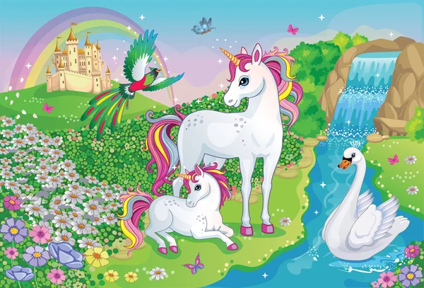 Beautiful Unicorns Swan Fairytale Magic Background Flower Meadow Castle Rainbow — Stock Vector