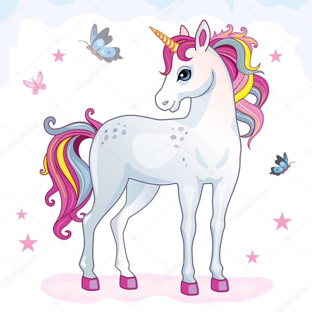 Cartoon beautiful unicorn with rainbow mane on white background. Children's illustration suitable for print and sticker. Isolated image with white horse, butterflies, stars. Magic. Wonderland. Vector.