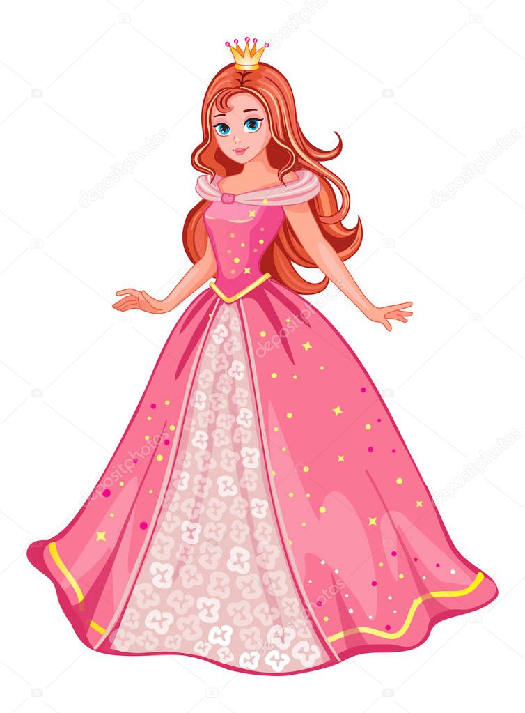 A girl in the pink ball gown. Beautiful fairytale princess on white background. Children's illustration suitable for print and sticker. Isolated illustration. Romantic story. Wonderland. Vector. 