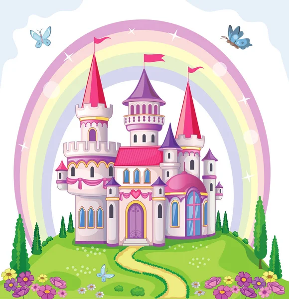 公主的童话城堡魔法王国 古色古香的宫殿 美丽的彩虹花草 梦幻岛 儿童卡通画 浪漫的故事 — 图库矢量图片
