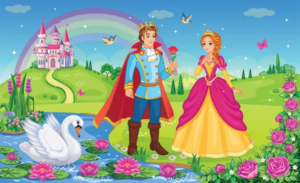 Schöne Elfenprinzessin Prinz Schwan König Und Königin Märchenhafter Hintergrund Blumenwiese — Stockvektor