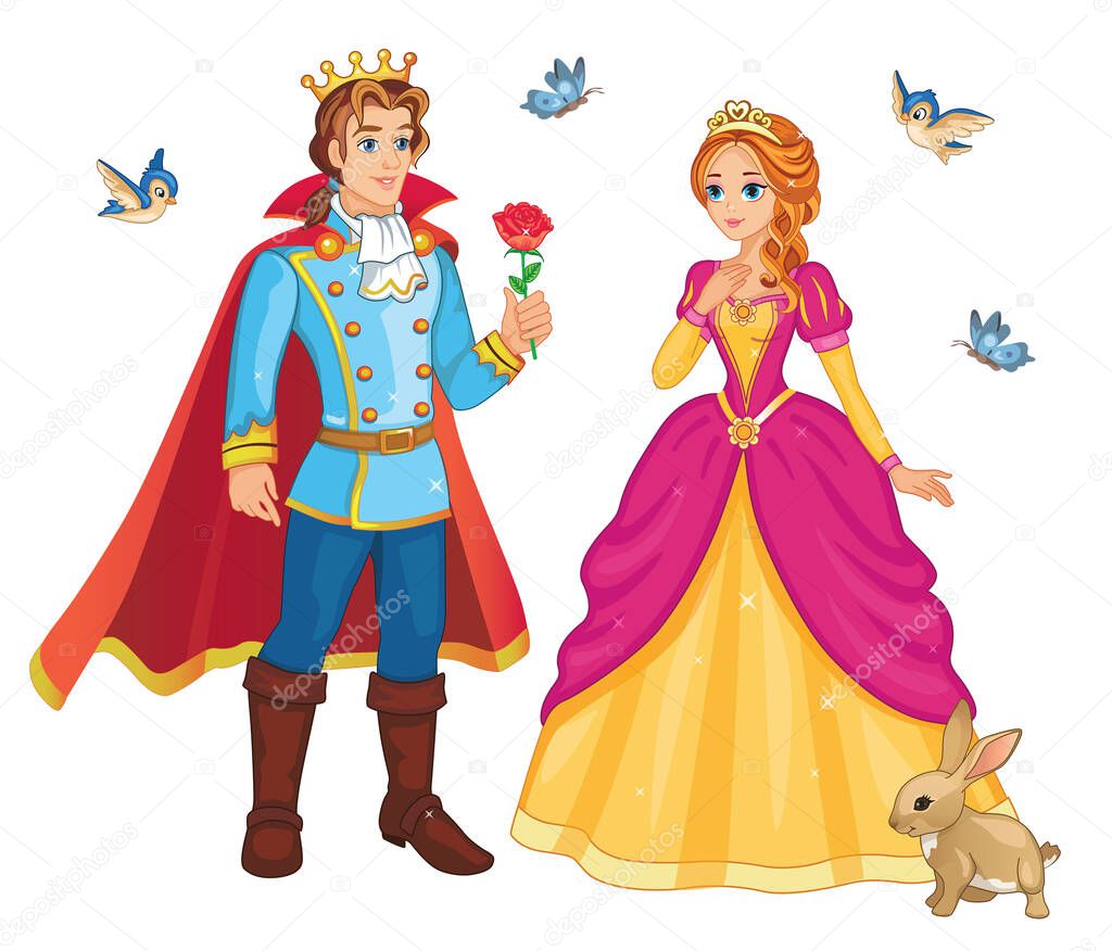 Beautiful fairytale Elf princess and prince with flower. Set characters. Children's illustration, for print and sticker. Isolated illustration on white background. Romantic story. Wonderland. Vector.