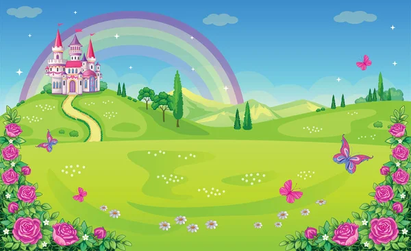 Märchenhafter Hintergrund Mit Blumenwiese Wonderland Karikatur Kinderillustration Prinzessinnenschloss Und Regenbogen — Stockvektor