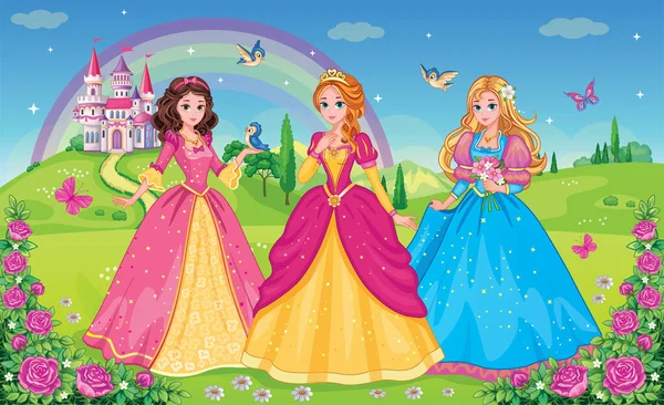 Set Beautiful Elf Princesses Children Background Castle Rainbow Fabulous Flower — Stock Vector