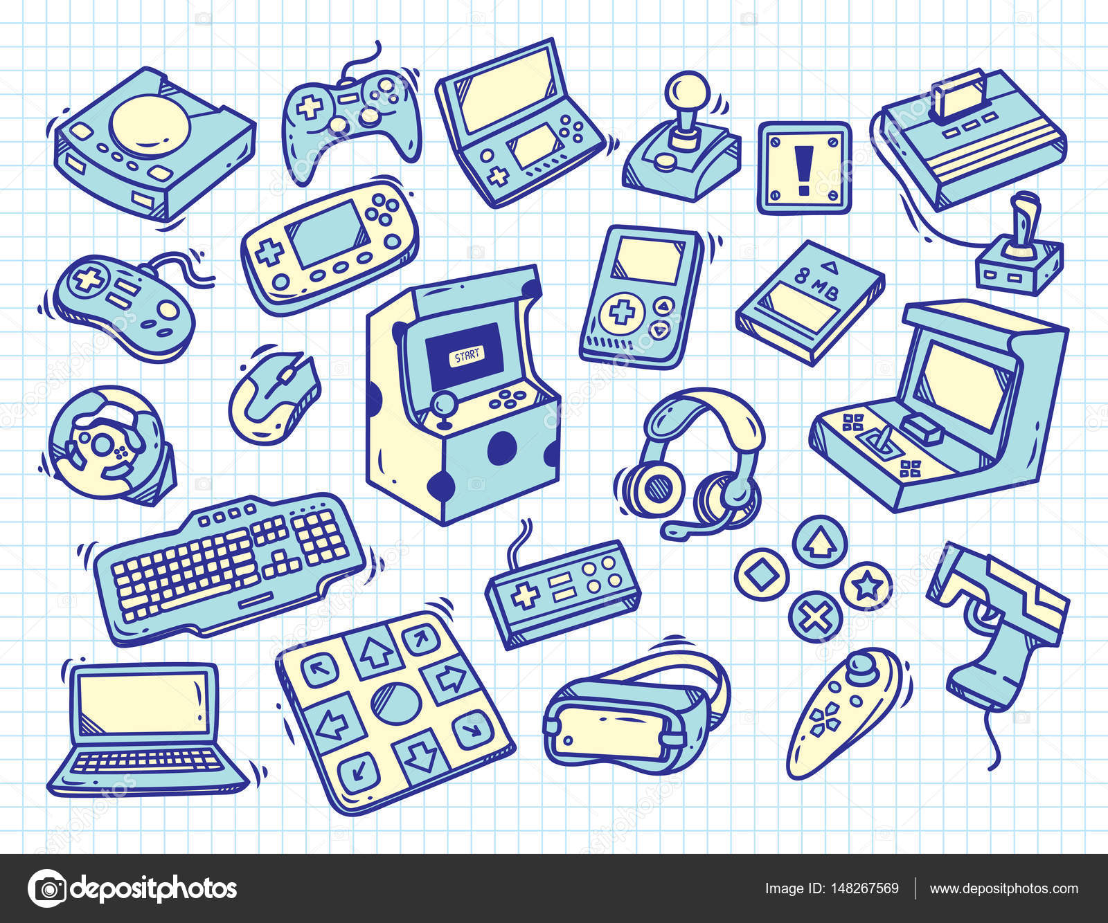 Doodle de jogos de vídeo retrô Design de padrão vetorial sem costura