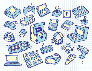 Vintage video oyunu doodle kümesi