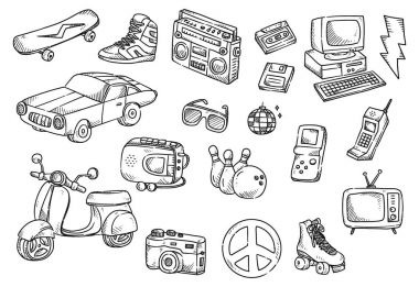 Vintage nesne doodle kümesi 