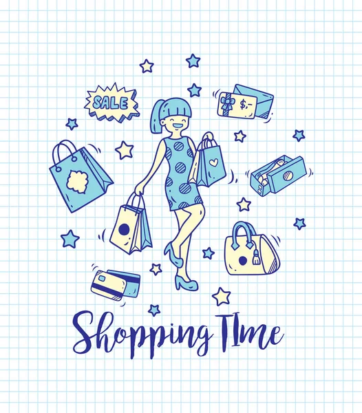 Shopping doodle på papper bakgrund — Stock vektor