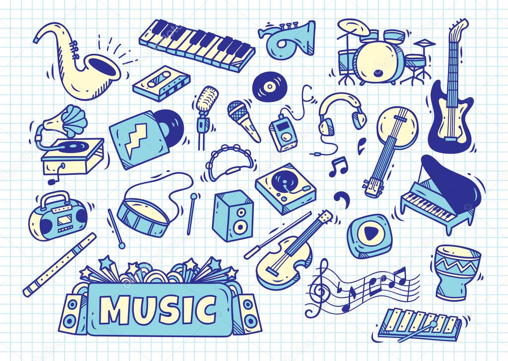 set of music instrument in doodle style 