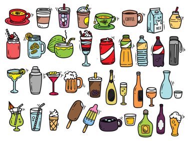İzole içecekler doodle seti 