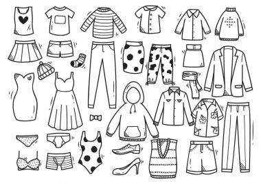 Elle çizilmiş kıyafetler kümesi doodle