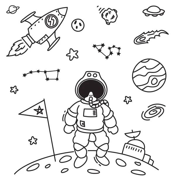 Space theme doodle with cosmonaut — Stock Vector