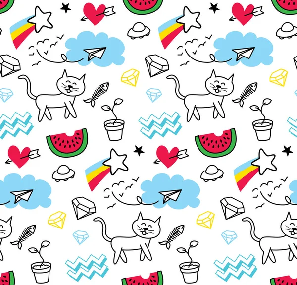 Abstracte doodle patroon met kat — Stockvector