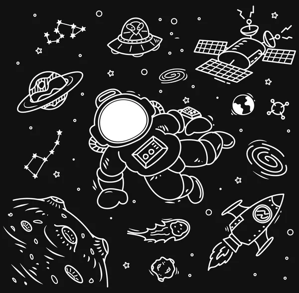 Espaço tema doodle com cosmonauta — Vetor de Stock