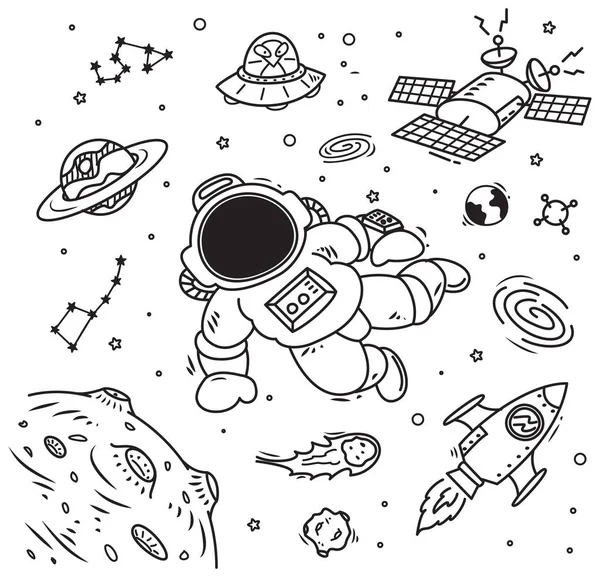 Utrymme tema doodle med kosmonaut — Stock vektor