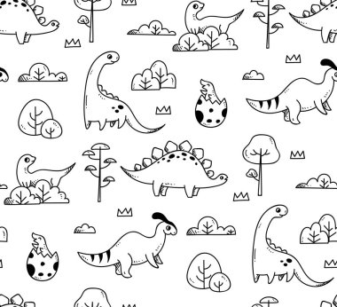 Doodle stil beyaz arka plan üzerinde izole karikatür dinozorlar kümesi