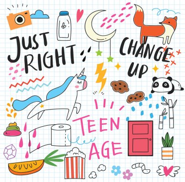 Şirin doodle kolaj arka plan, vektör çizim