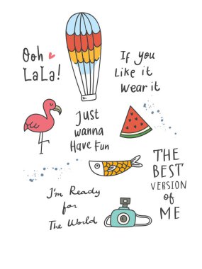 Şirin nesne kolaj t-shirt tasarım, vektör