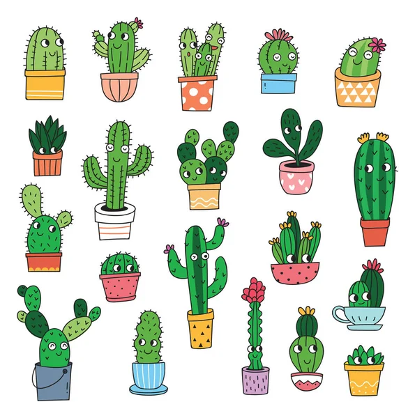 Verzameling Van Cute Cactus Tekenfilm Vectorillustratie — Stockvector