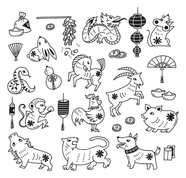 Set Chinese Zodiac Doodle Isolated White Background — Stock Vector