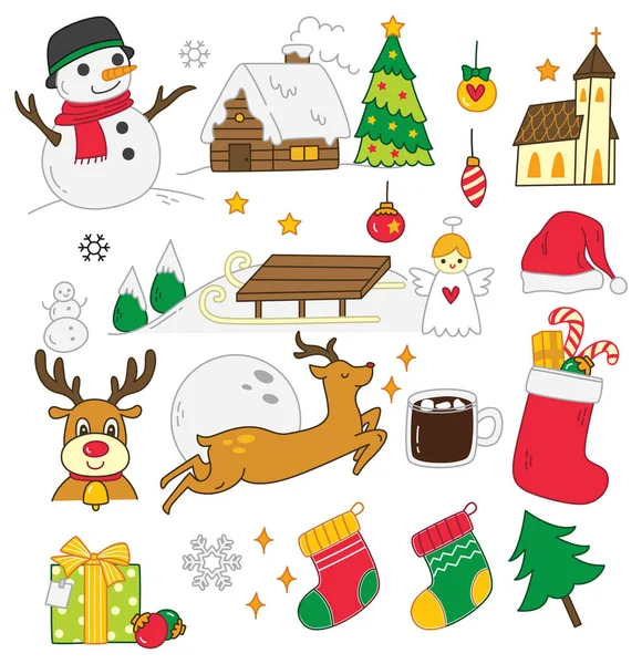 Set Vintage Christmas Doodle Vectorillustratie — Stockvector