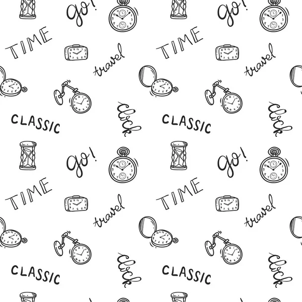 Reloj Doodle Fondo Sin Costura Vector — Archivo Imágenes Vectoriales