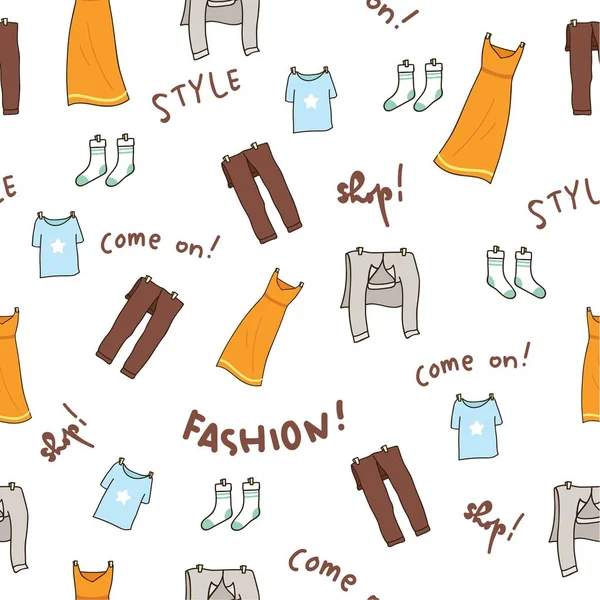 Moda Roupas Doodle Fundo Sem Costura Ilustração Vetorial — Vetor de Stock