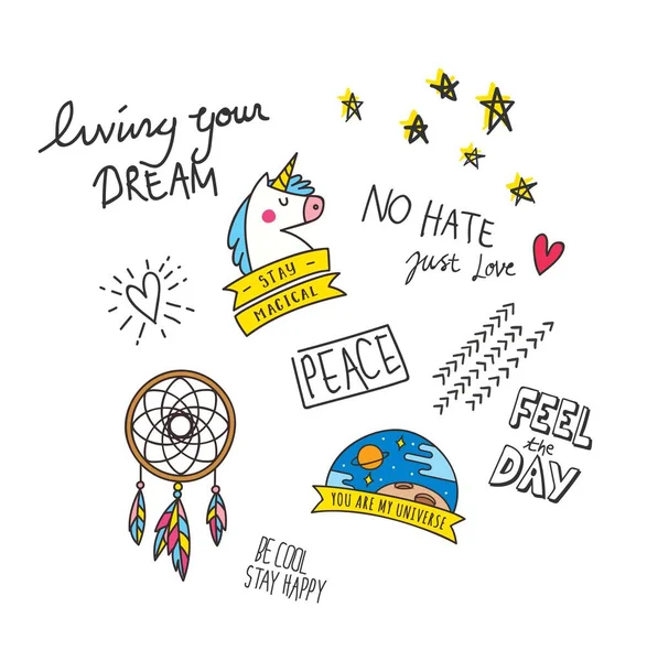 Cooles Shirt Design Doodle Stil Mit Patches Und Handgeschriebenen Zitaten — Stockvektor