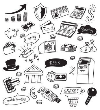 Çizilmiş finans el ve beyaz arka plan üzerinde izole doodle bankacılık