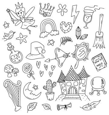 Peri doodle gökkuşağı, kale ve diğer nesnelerle, vektör çizim seti