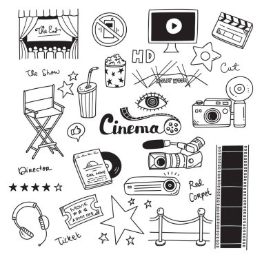 Beyaz arka plan üzerinde izole film doodle kümesi